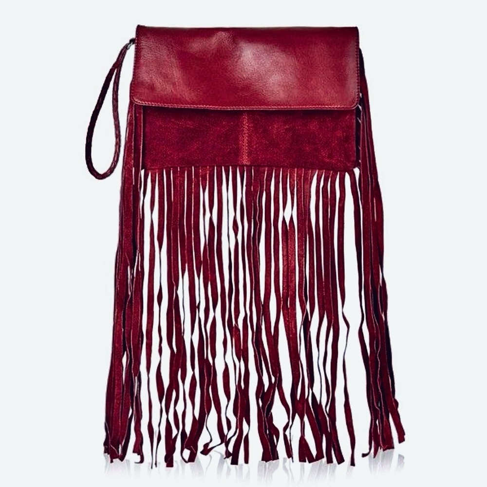 TOPSHOP DEEP BURGUNDY soft subtle LEATHER SUEDE BOHO FRINGE WRISTLET CLUTCH EUC